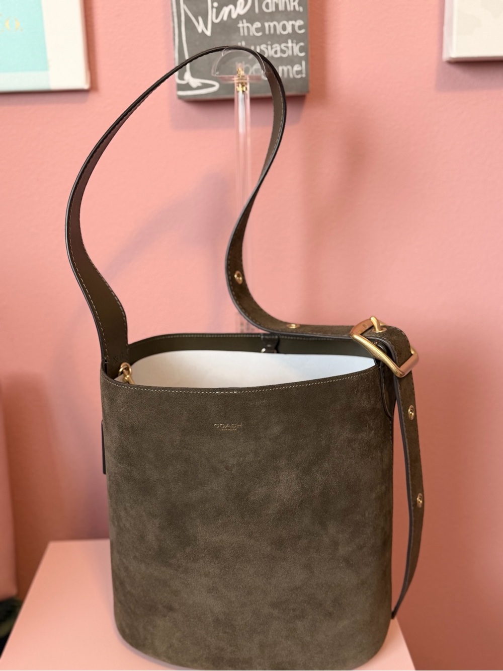 COACH Olive Green Suede Bleeker Bucket Shoulder and Crossbody Bag